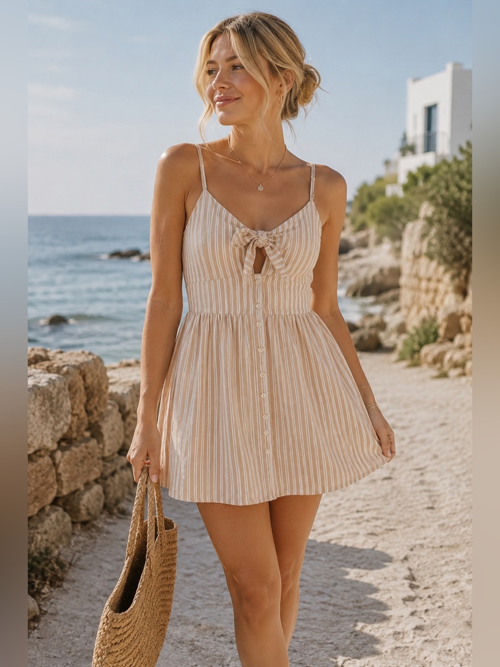 Abercrombie & Fitch Beige Striped Tie Front Mini Coastal Dress | Size M Tall